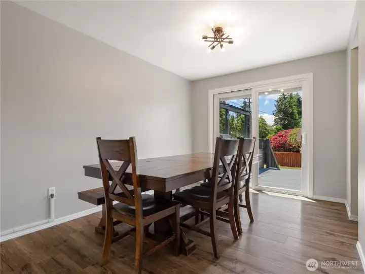 The dining space connects directly to the back deck helping to accommodate true indoor-outdoor living. The dining space connects directly to the back deck helping to accommodate true indoor-outdoor living.