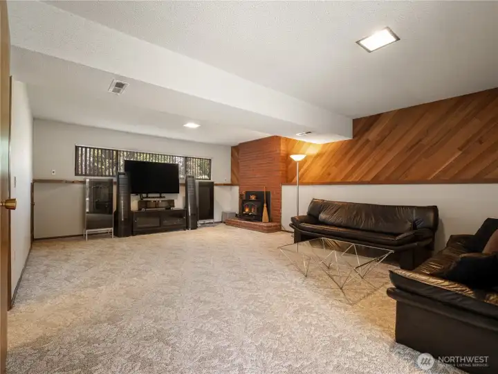 The spacious lower family room has a real wood fireplace with insert and has high ceilings. The spacious lower family room has a real wood fireplace with insert and has high ceilings.