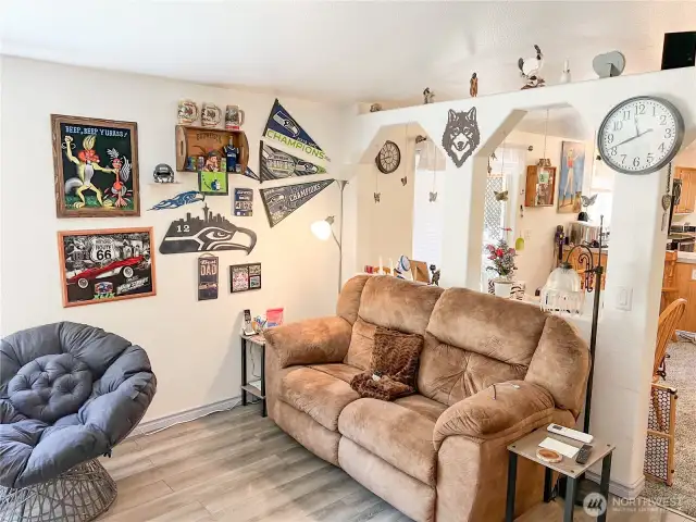 Family room looking towards dining and kitchen