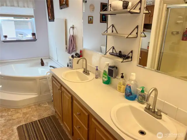 Double sink bath and soaking tub