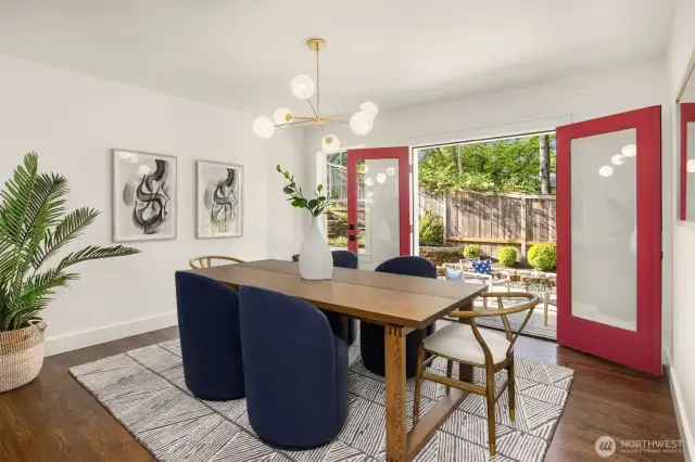 Indoor/outdoor living is a breeze with French doors that open up to the patio.