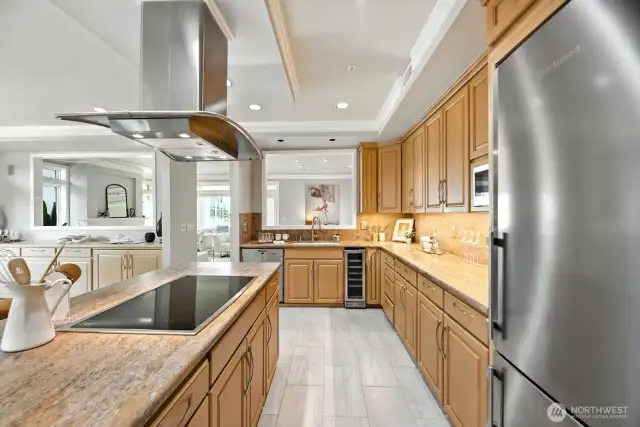 Ample counter space makes this kitchen ideal for collaborative cooking or entertaining.