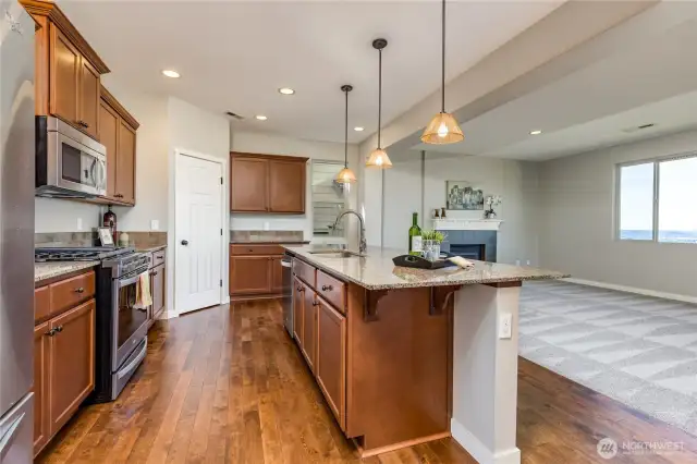 Kitchen overlooks living room