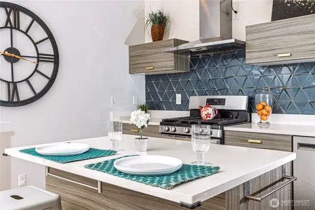 European tile backsplash, quarts kitchen island