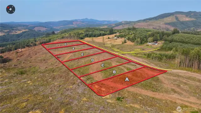 Overhead view with approximate boundaries in red and with subject property highlighted.