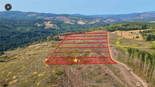 Overhead view with approximate boundaries in red and with subject property highlighted.
