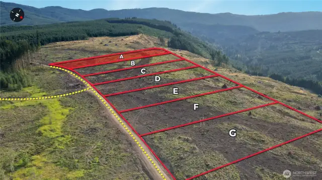 Overhead view with approximate boundaries in red and with subject property highlighted.