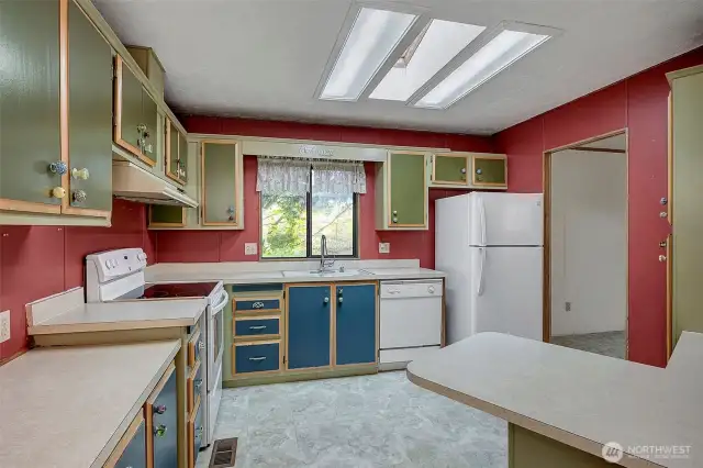 Skylights and windows provide plenty of natural light.