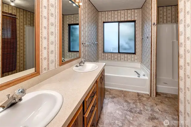 Double sink vanity and double windows.