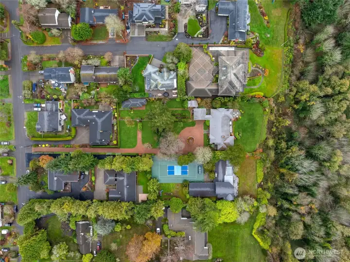 In this ariel photo, you can see the driveway that comes off of the private drive (grass on either side).  The existing home is at the back of the property.