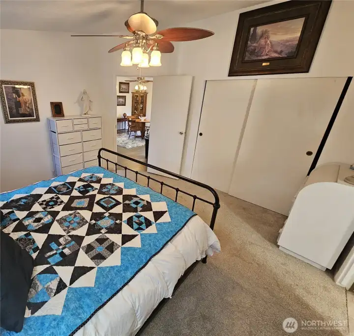 Ceiling fan in the primary bedroom. Large closets.