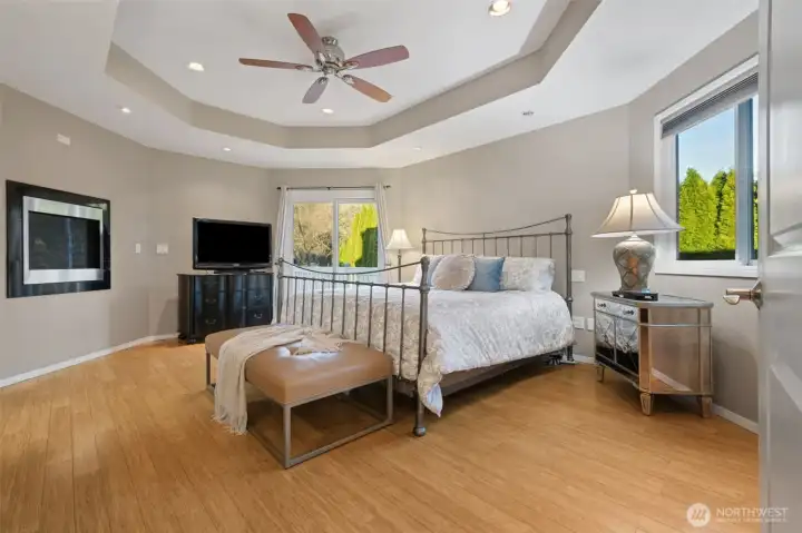 Spacious primary bedroom with tray ceiling, large windows & wall gas fireplace! (1)