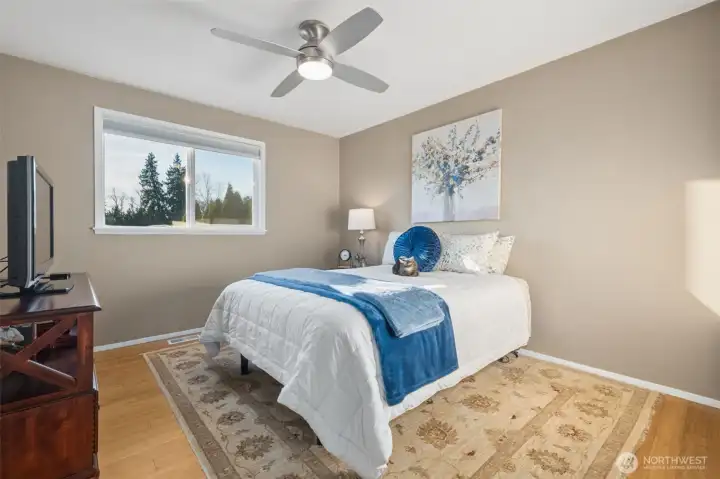 Bright additional bedroom with ceiling fan and large window. (3)