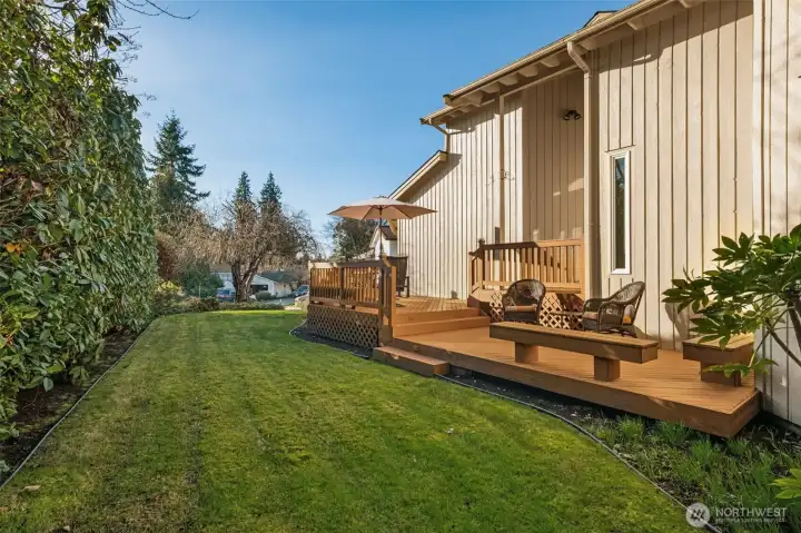 Private sideyard with lush lawn and access to the expansive deck.