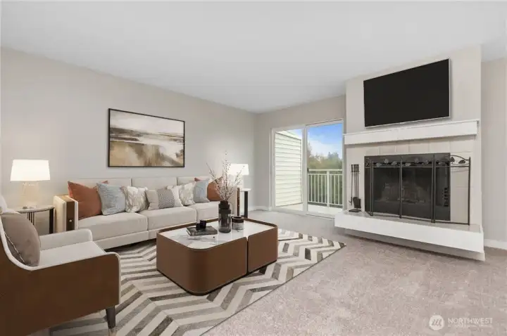 Digitally staged photo of the living area.