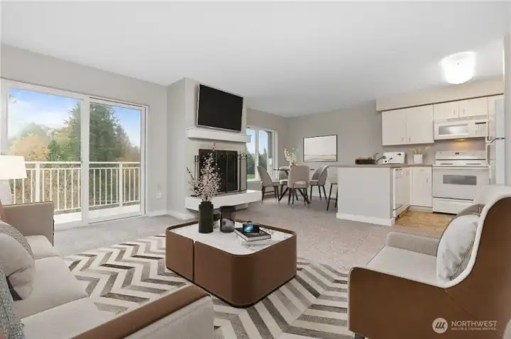 Digitally staged photo of kitchen, dining and living area.