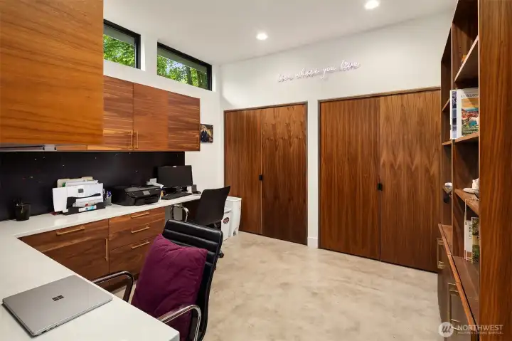Home office with extensive built-in storage