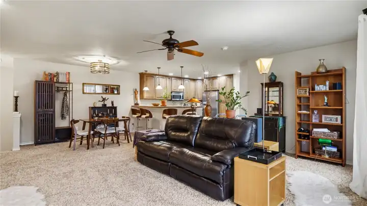 Ceiling fan enhances comfort with refreshing air circulation, especially during warmer days.