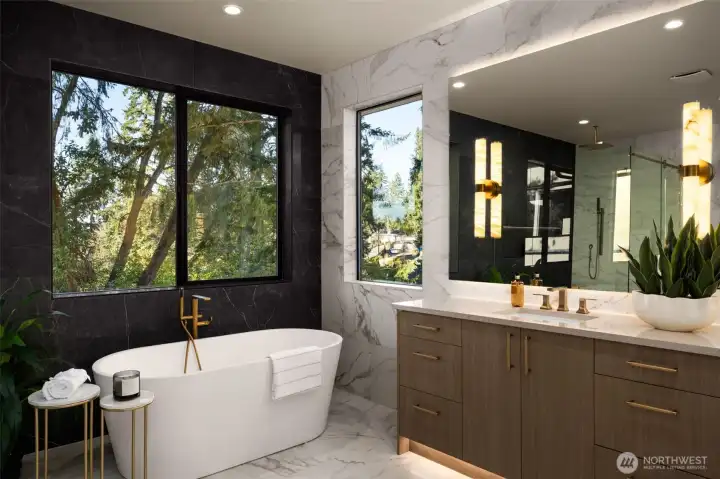 Spa like primary bath with heated tile floors