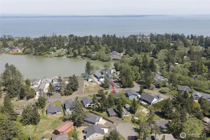 Ariel view of home’s proximity to the south end of  Duck Lake and North Bay