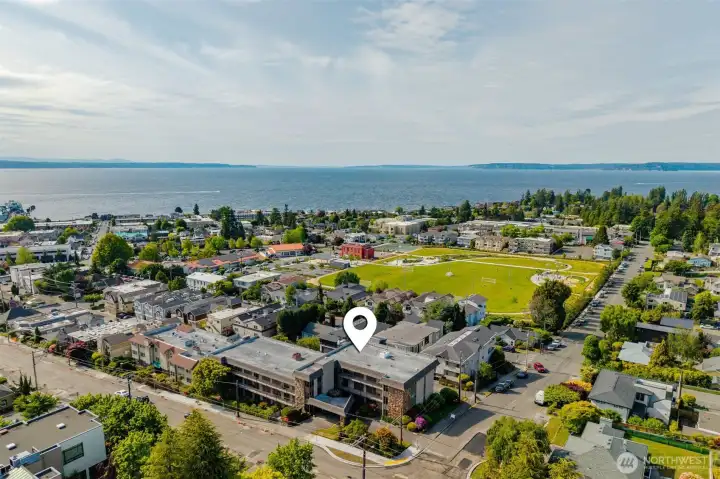 Aerial view and just steps to library, ball park, and all that downtown Edmonds Main Street has to offer.
