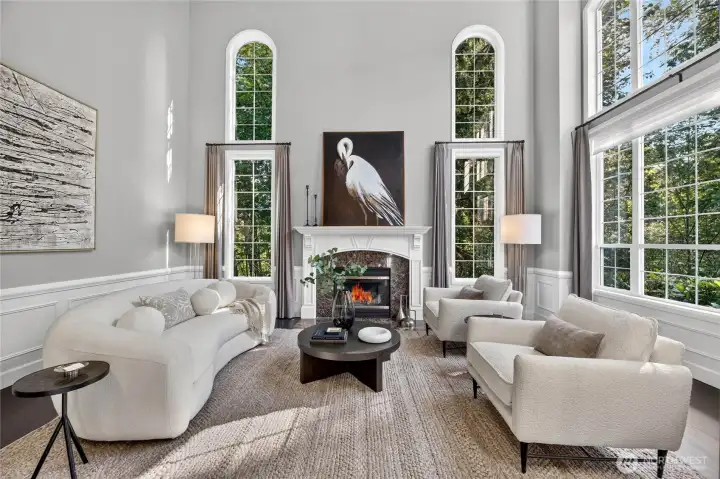 Dramatic 2 Story Light Filled Living Room