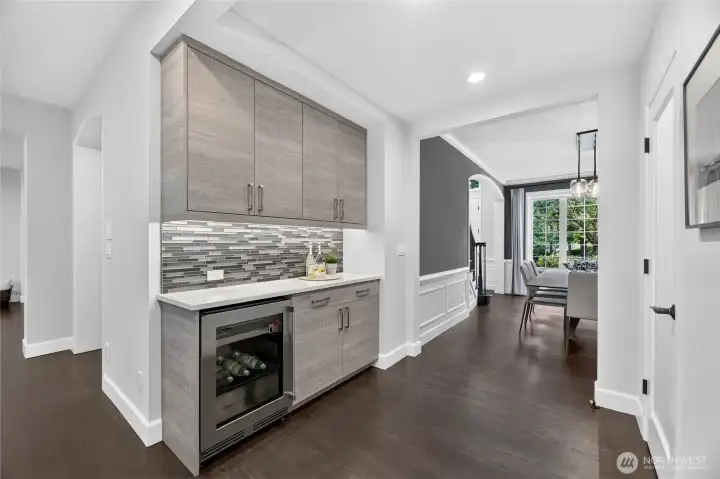 Butlers Pantry with Beverage Fridge and Walk in Pantry Directly Across
