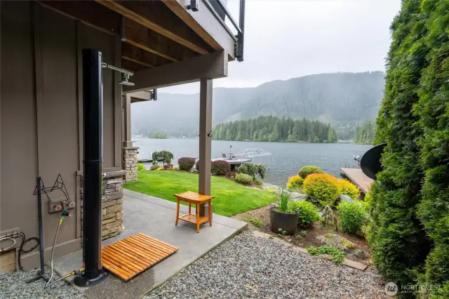 Newly installed outdoor shower has both hot and cold water.