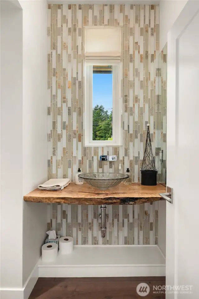 Powder room with live edge counter