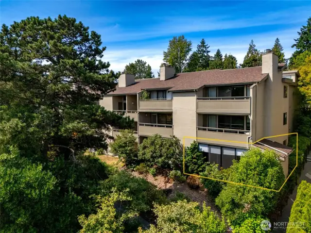 This quiet home is a private setting surrounded by mature plants.