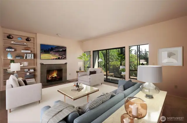 Large sunken living room, dimensions 14" x 21", 9' ceilings, wood fireplace.  New carpet and freshly painted.  Virtually staged photo.