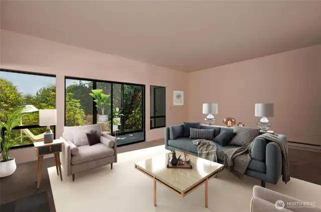 Large, quiet living room with lots of natural light adjoins the sunroom.  It has 9" ceilings and is 21' x 14'.  It has new carpet and paint. Virtually staged photo.