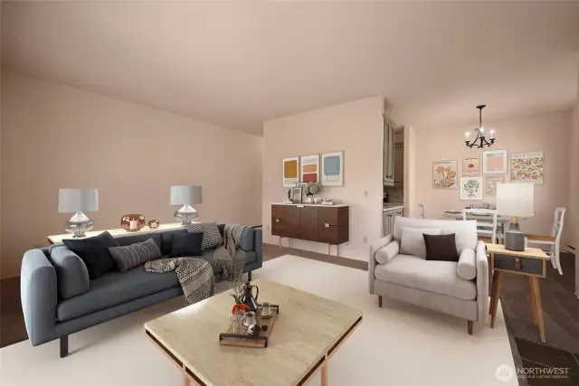 This virtually staged living room photo looks into the dining room and entry hall which has three steps descending into the sunken living room.  The living room and dining room have 9' ceilings.  The living room is 14' x 21'.