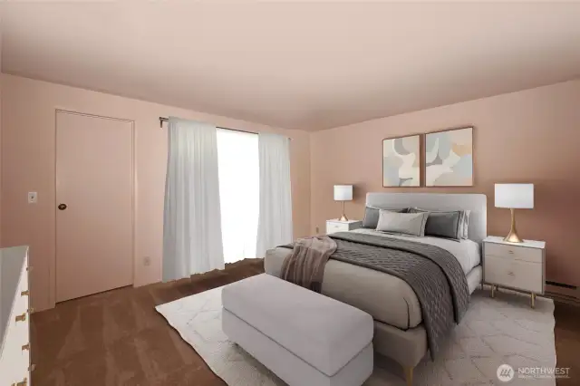 Spacious master suite, dimensions are 12' x 14', adjacent bath & dressing area. There is a 12' wall of closets, the door on the left is an additional 5'x 6' walk-in closet.  Sliding doors open out to a private patio. Virutally staged photo.