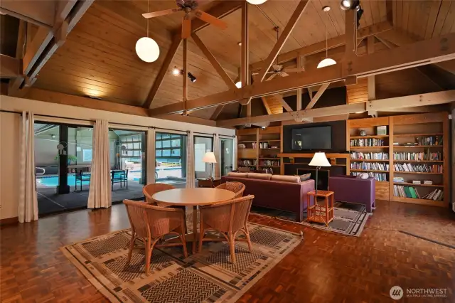 The clubhouse meeting room looking out to the pool and hot tub.