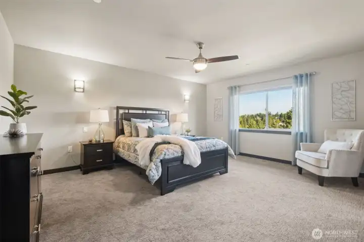 Massive Primary Suite, (5) with ceiling fan and those great territorial treed views in the distance.