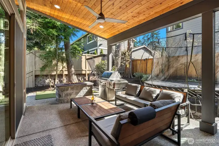 Sizable Covered Patio with Gas Fire Pit