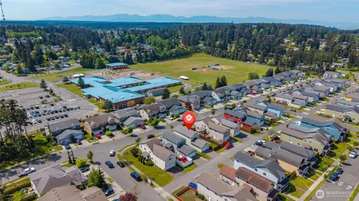 Aerial view with proximity to Hillcrest Elementary School.