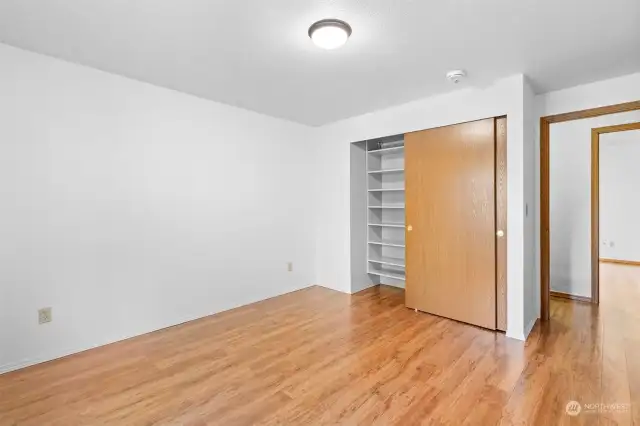 Built-in shelving and rods in the closet.