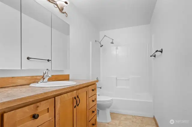 Full guest bathroom with shower/tub combo. Plenty of vanity storage plus medicine cabinet mirror. Did you notice the double shower head?