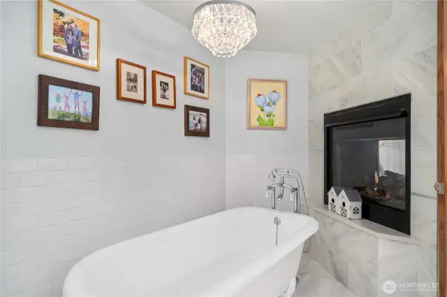 Primary claw foot tub with view of the double sided fireplace.