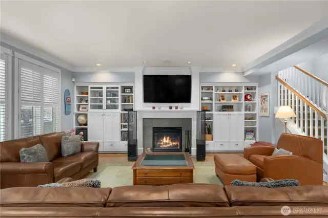 Custom built-ins and a gas fireplace in the living room.