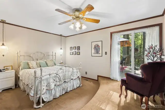 Primary bedroom offers generous storage, walk-in closet, and direct access to the expansive patio.