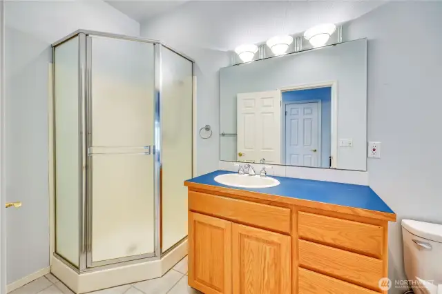 The first floor 3/4 bath is located off the main hall.
