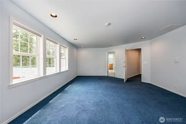 The large primary bedroom faces the peaceful backyard.