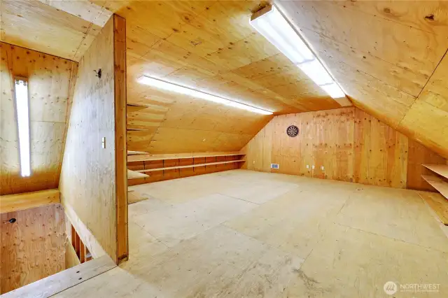 The walk-up attic space in the detached garage.