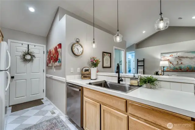 Expansive eating bar and counter space.