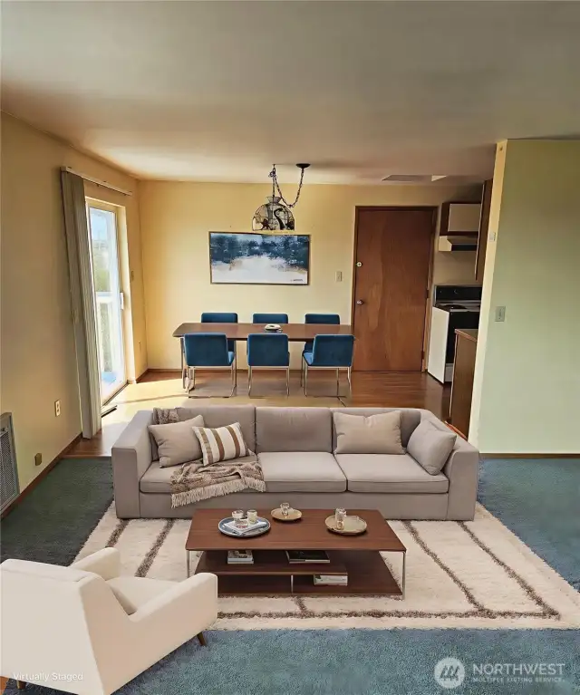 Virtual staged great room and dining area