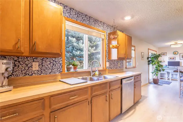 kitchen facing eating area.  Easy flow from kitchen to dining room to living room