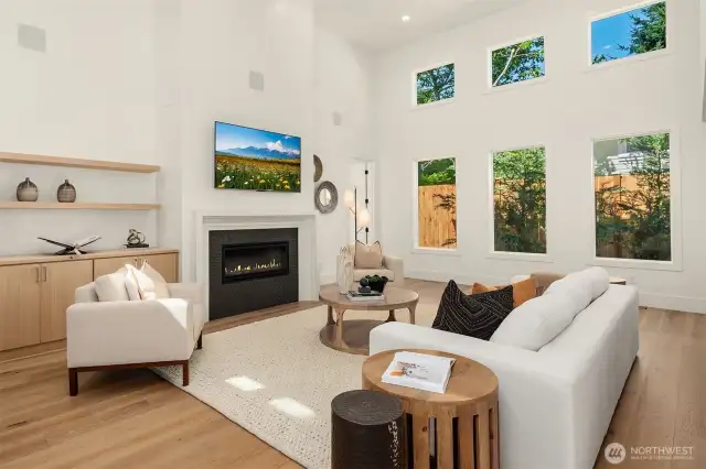 Vaulted great room that overlooks the private backyard